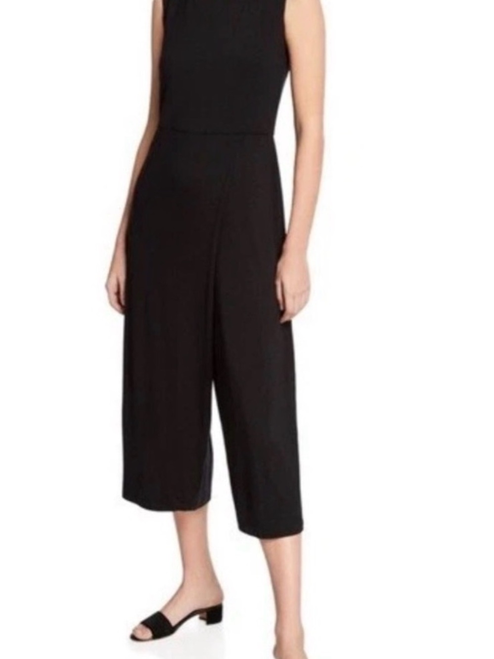 Eileen Fisher Black Sleeveless Scoop-Neck Faux-Wrap Cropped Jumpsuit Petite M - Picture 7 of 9